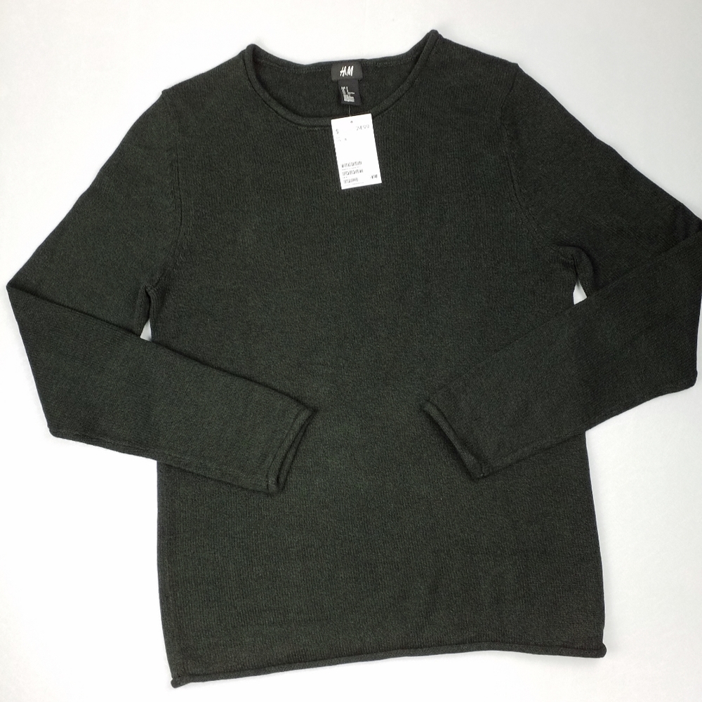 H&M Fine-Knit Cotton Sweater Dark green Small
